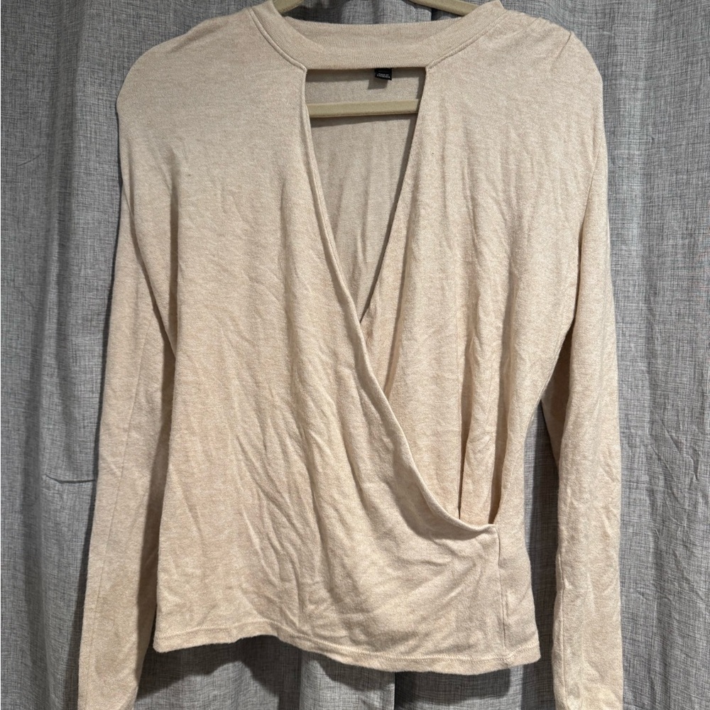 RW&CO. Cream Long Sleeve Wrap Blouse